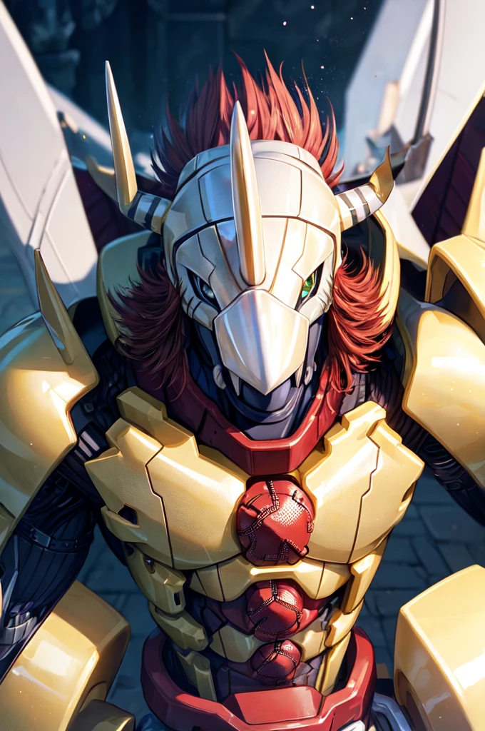 Masterpieces,official art,anthro,male,(wargreymon:1.2),Delicate face,Delicate eyes,helmet, armor, horn, digimon, upper body, depth of field, perfect lighting, light particles,(best quality),(masterpiece),(ultra detailed),sharp focus,light particles shining body in flames