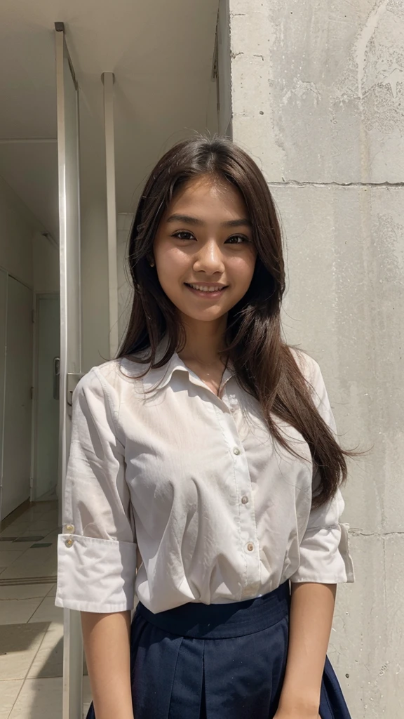 Ayu, the Indonesian woman with straight or slightly wavy dark brown hair, medium-sized expressive dark brown eyes, smooth tan or light brown skin, a moderately tall and slender figure, an oval or slightly round face, a nose that is not too prominent, and a friendly smile with neat teeth, is currently a student at a vocational high school (SMK). She is dressed in a typical Indonesian , consisting of a white blouse and a knee-length navy blue skirt, as she actively participates in school activities.