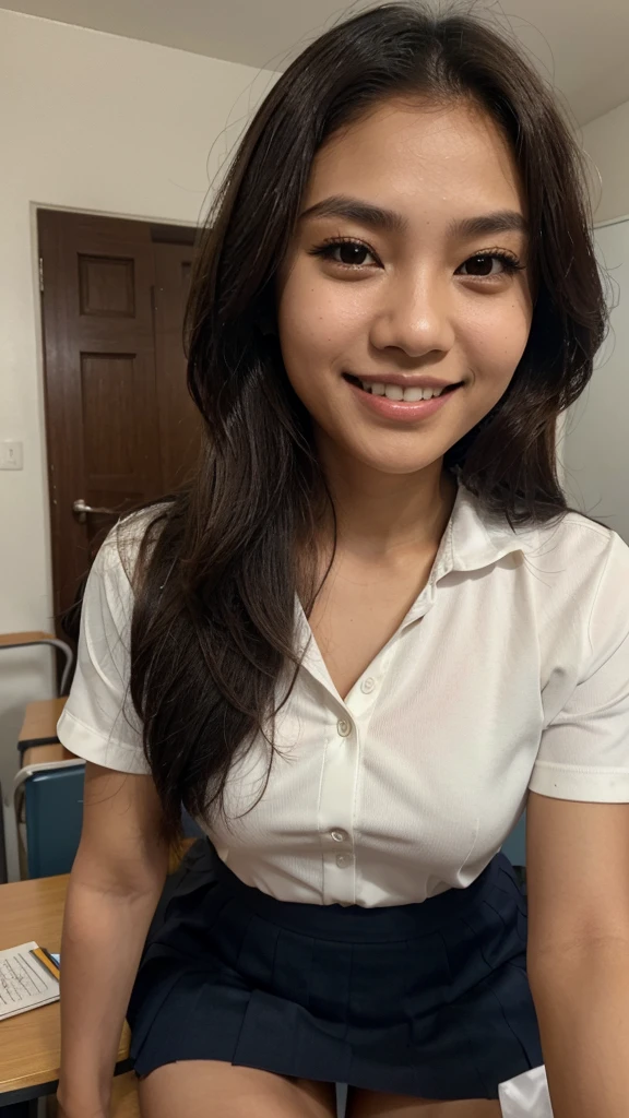 Ayu, the Indonesian woman with straight or slightly wavy dark brown hair, medium-sized expressive dark brown eyes, smooth tan or light brown skin, a moderately tall and slender figure, an oval or slightly round face, a nose that is not too prominent, and a friendly smile with neat teeth, is currently a student at a vocational high school (SMK). She is dressed in a typical Indonesian , consisting of a white blouse and a knee-length navy blue skirt, as she actively participates in school activities.