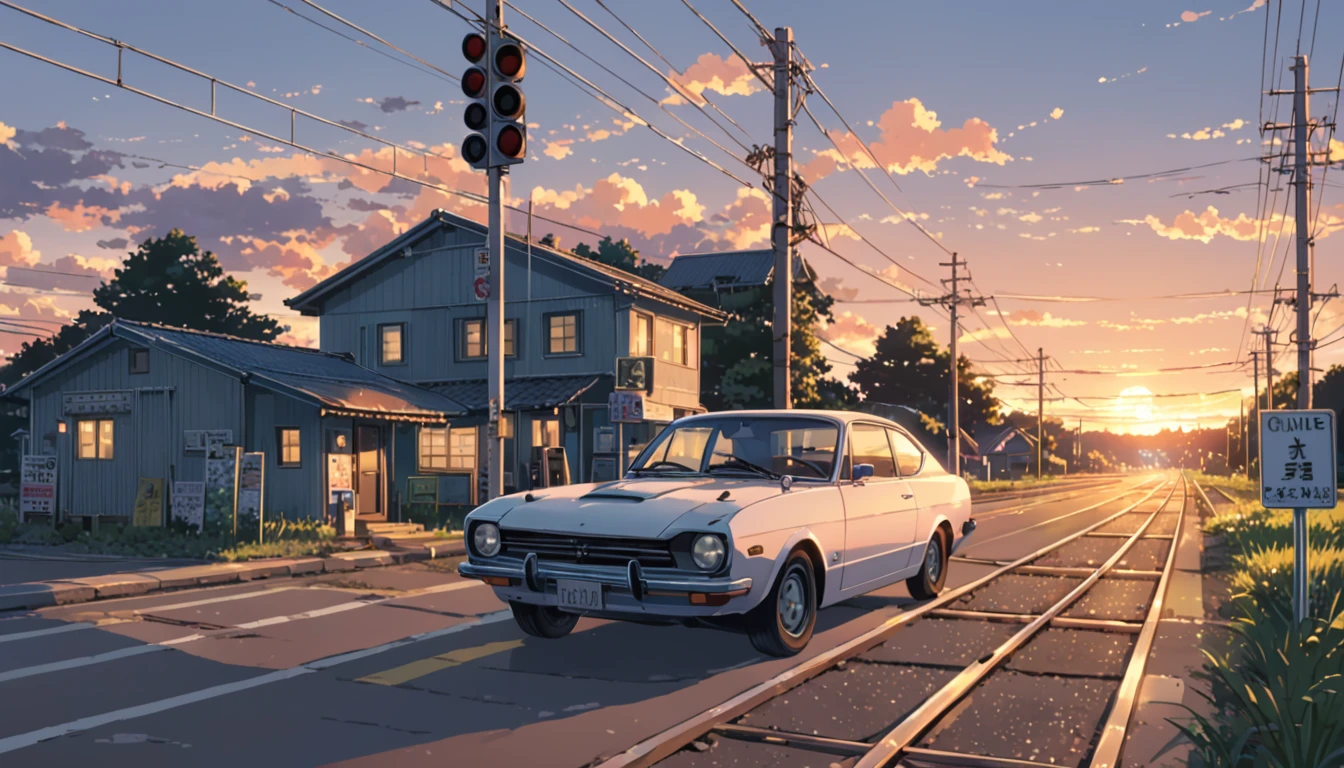 ((Anime: 1.4, Illustration)), (Masterpiece, Top Quality, Best Quality), (Ultra-Detailed, Absolutely Resolution), ((16k, HIGH RES)) Car, evening, railroad crossing, guitar) ), (Anime: 1.4, Illustration)), (Masterpiece, Top Quality, Best Quality), (Ultra-Detailed, Absolutely Resolution). Ak {Lofi Art, Style of Laurie Greasley , Style of Makoto Shinkai, Anime Aesthetic}, BREAK {(Produces IMAGES WITH ITH INFORMATION THAN 40 Million Pixels with Cinematic-Like Detailed Textures S Hot on a Sony slur).}