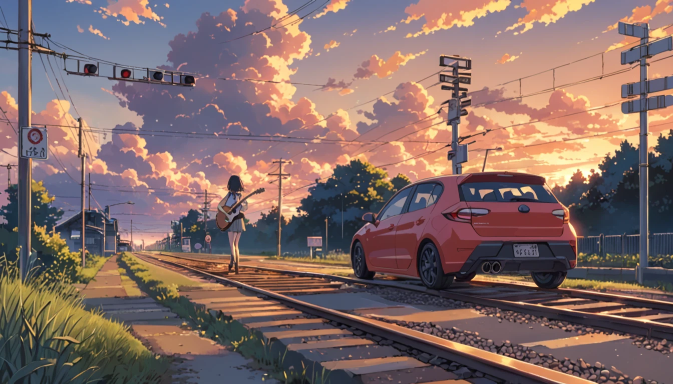 ((Anime: 1.4, Illustration)), (Masterpiece, Top Quality, Best Quality), (Ultra-Detailed, Absolutely Resolution), ((16k, HIGH RES)) Car, evening, railroad crossing, guitar) ), (Anime: 1.4, Illustration)), (Masterpiece, Top Quality, Best Quality), (Ultra-Detailed, Absolutely Resolution). Ak {Lofi Art, Style of Laurie Greasley , Style of Makoto Shinkai, Anime Aesthetic}, BREAK {(Produces IMAGES WITH ITH INFORMATION THAN 40 Million Pixels with Cinematic-Like Detailed Textures S Hot on a Sony slur).}