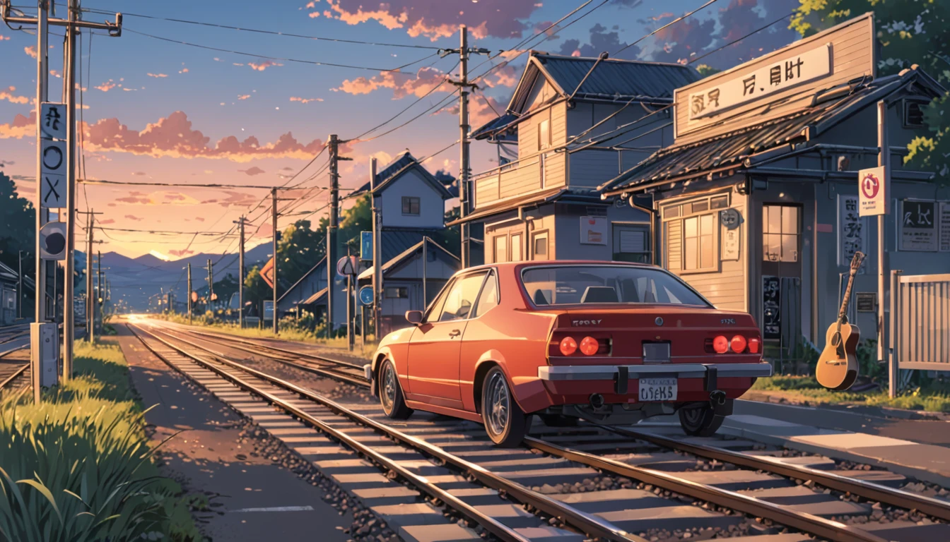 ((Anime: 1.4, Illustration)), (Masterpiece, Top Quality, Best Quality), (Ultra-Detailed, Absolutely Resolution), ((16k, HIGH RES)) Car, evening, railroad crossing, guitar) ), (Anime: 1.4, Illustration)), (Masterpiece, Top Quality, Best Quality), (Ultra-Detailed, Absolutely Resolution). Ak {Lofi Art, Style of Laurie Greasley , Style of Makoto Shinkai, Anime Aesthetic}, BREAK {(Produces IMAGES WITH ITH INFORMATION THAN 40 Million Pixels with Cinematic-Like Detailed Textures S Hot on a Sony slur).}