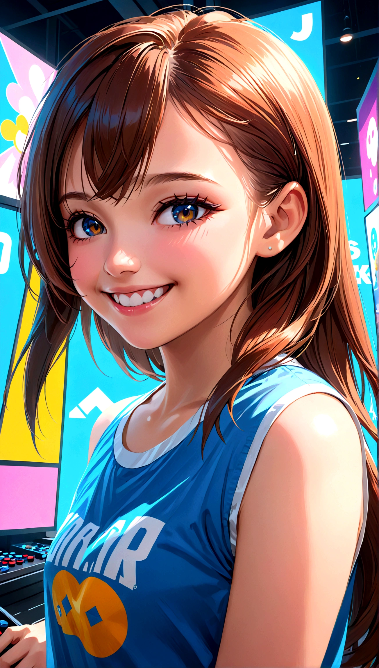 8K portrait of a beautiful young woman in a J-POP style, with a big smile and having a great time searching for video game strategies online, extremely detailed, high quality, ultra-high resolution, photorealistic, masterpiece, cinematic composition, trending on ArtStation.