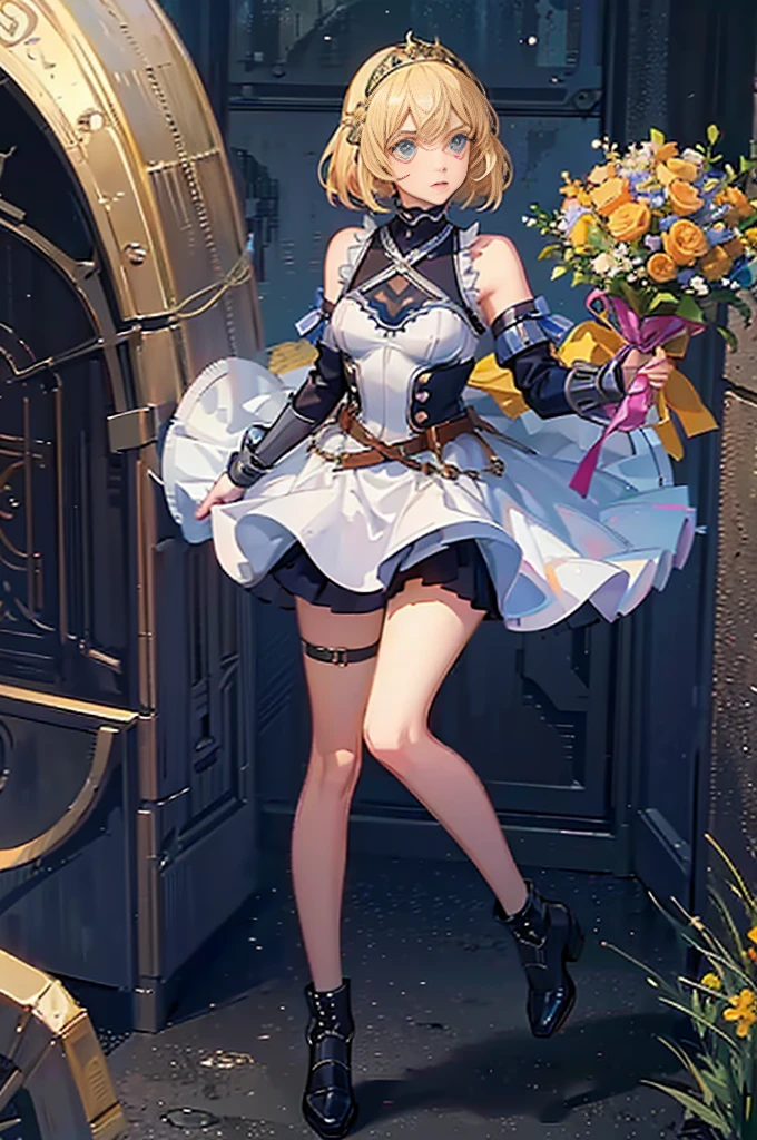 teen girl, roman warrior, princess blade , 14 years old, teenager girl,, small breasts, mini cropped, valkyrian princess ,blonde, detailed face, beautiful, confiant, background in uk land with flowers
