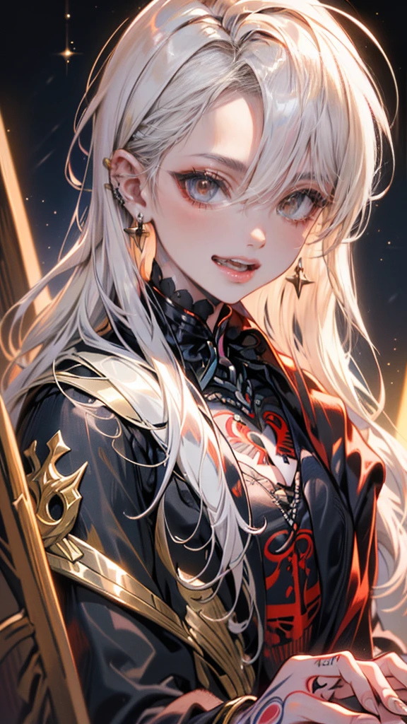 (((8K, RAW photogr, Best quality at best, tmasterpiece: 1.4))), Ultra-high resolution, ultra - detailed, lamplight, Close-up cleavage, Handsome men, red eyes,((Play the piano)), (A detailed eye, The eyes are bright:1.2), Black medium long hair, Vampires, pale-skinned, ear piercings, dark, Blackn clothes, Meticulous clothes, gold accessories on clothes, Sharp Fangs, (perfect anatomia:1.2), Highqualityshadow, natural lightting, (White highlights:1.2), natta, overcast day, (neck tattoos:1.2), (starrysky:1.2)