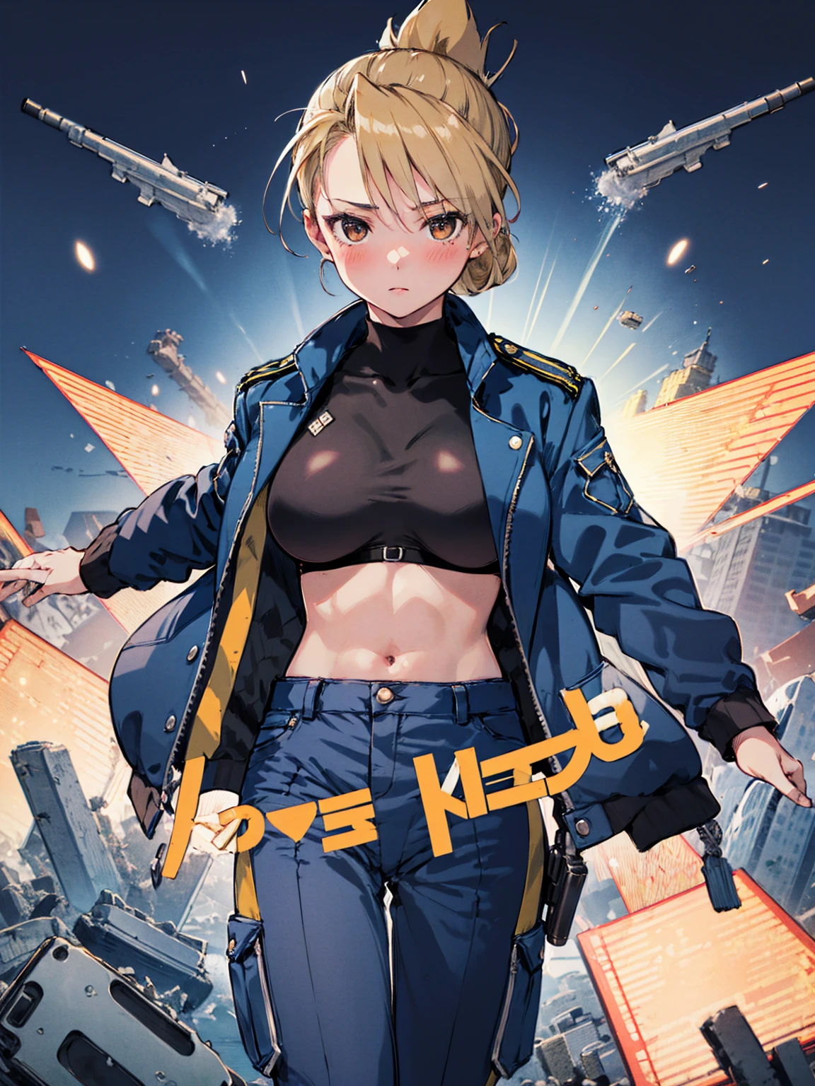 masterpiece, Highest quality, High resolution, One girl, (Blue jacketの下にBlack innerwearを着ている), Folded ponytail, Brown eyes, , uniform, Blue jacket, Blue pants, ,Big Breasts, Black innerwear, blush, (Ready your gun?)