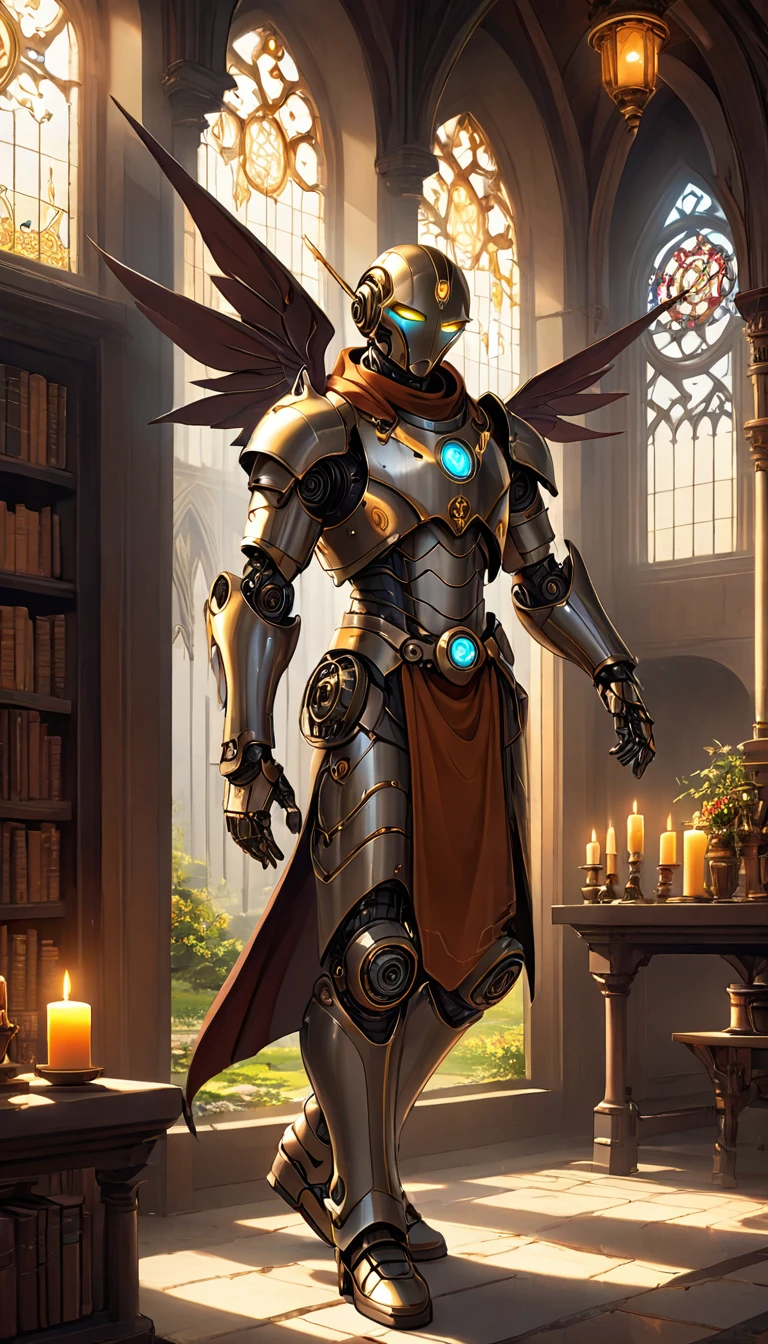 (best quality,4k,8k,highres,masterpiece:1.2),ultra-detailed,(realistic,photorealistic,photo-realistic:1.37),medieval monastery garden,steampunk robot monk,beautiful ornate architecture,steampunk machinery and gears,exquisite stained glass windows,enchanted flower garden,ancient stone walkway with intricate carvings,glowing candles and dimly lit atmosphere,steam and smoke billowing from the machinery,mystical atmosphere,peaceful and serene setting,mechanical wings attached to the robot monk's back,robot monk with intricate clockwork mechanisms,electromechanical eyes glowing with energy,warm golden color palette,gentle sunlight streaming through the stained glass windows,whispering sound of wind and rustling leaves,the scent of aged books and incense,notes of ancient Gregorian chants echoing in the air,sense of awe and tranquility,combination of futuristic and medieval elements,harmony of technology and spirituality.