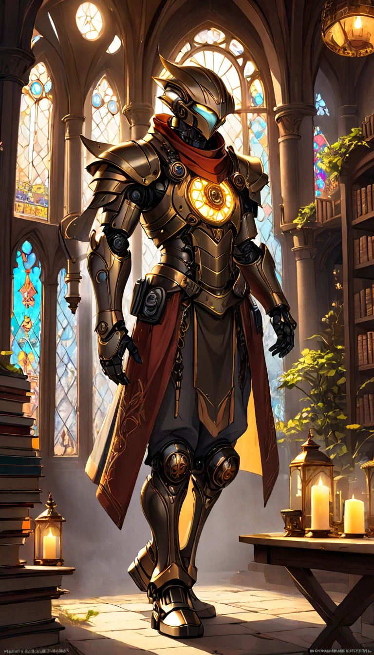 (best quality,4k,8k,highres,masterpiece:1.2),ultra-detailed,(realistic,photorealistic,photo-realistic:1.37),medieval monastery garden,steampunk robot monk,beautiful ornate architecture,steampunk machinery and gears,exquisite stained glass windows,enchanted flower garden,ancient stone walkway with intricate carvings,glowing candles and dimly lit atmosphere,steam and smoke billowing from the machinery,mystical atmosphere,peaceful and serene setting,mechanical wings attached to the robot monk's back,robot monk with intricate clockwork mechanisms,electromechanical eyes glowing with energy,warm golden color palette,gentle sunlight streaming through the stained glass windows,whispering sound of wind and rustling leaves,the scent of aged books and incense,notes of ancient Gregorian chants echoing in the air,sense of awe and tranquility,combination of futuristic and medieval elements,harmony of technology and spirituality.