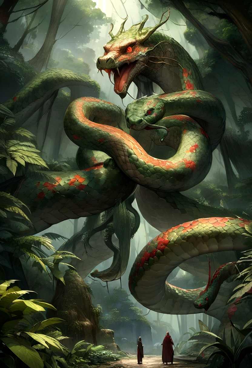 They mainly live in the Amazon rainforest.. The exterior is covered in scales,With huge red eyes,The presence of snakes is both awe-inspiring and frightening,Spectacular, Disastrous, to descend, style: ultra realistic digital painting,Dynamic interaction with intricate details and colors.Execute: シュールなstyleで表現, Uses advanced digital technology、Capturing the complex natural environment and the appearance of the snake dragon,