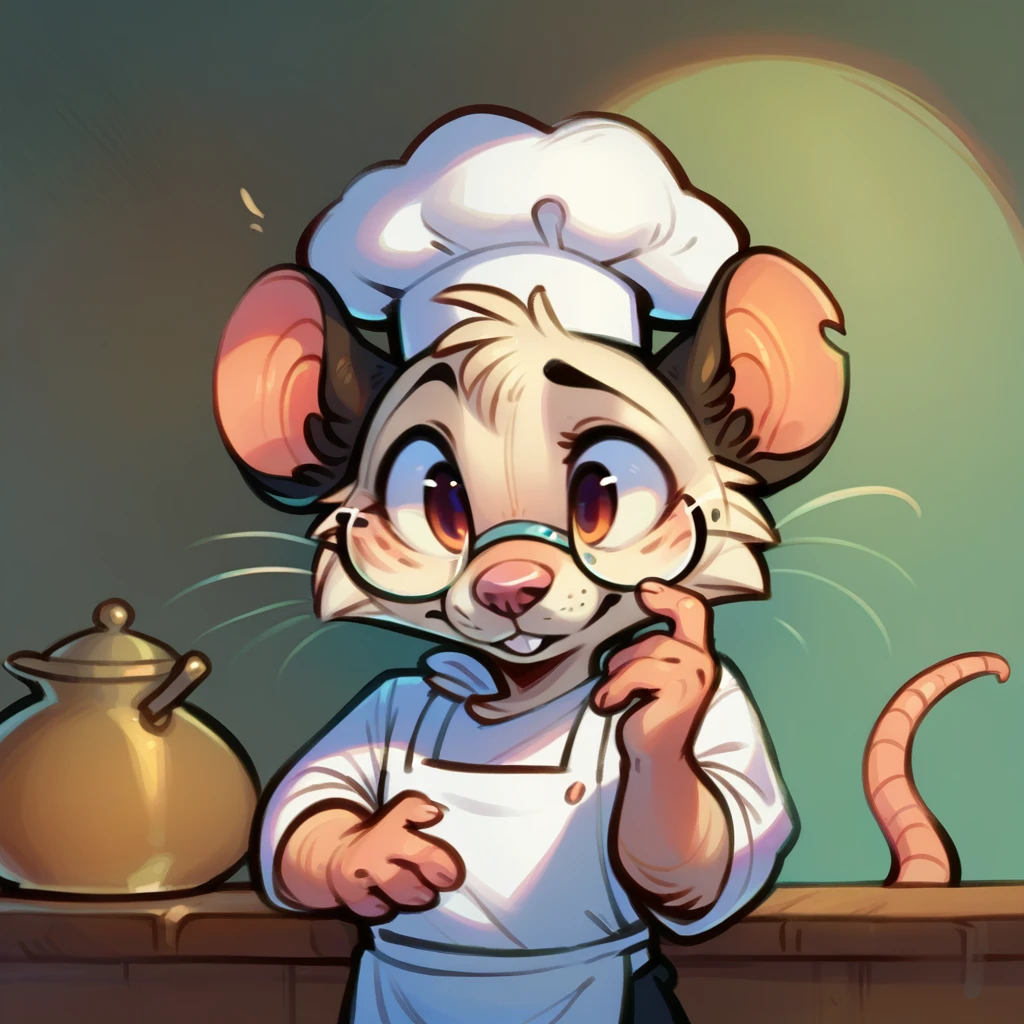 Rat chef, semi-anthropomorphic, hand on glasses, curious expression, detailed facial features, chef hat, apron, detailed clothing, complex textures, high quality, realistic, 8K, masterpiece, cinematic lighting, warm tones