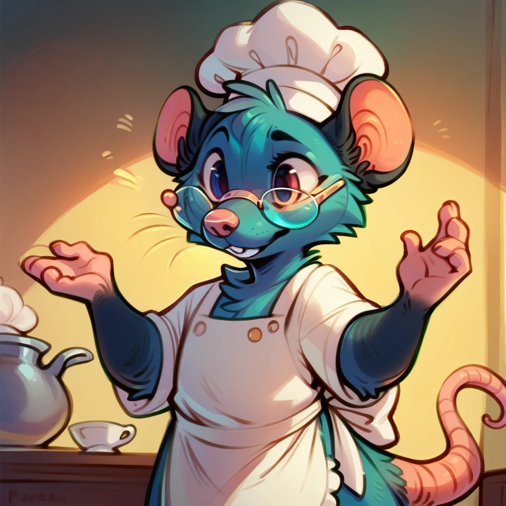 Rat chef, semi-anthropomorphic, hand on glasses, curious expression, detailed facial features, chef hat, apron, detailed clothing, complex textures, high quality, realistic, 8K, masterpiece, cinematic lighting, warm tones