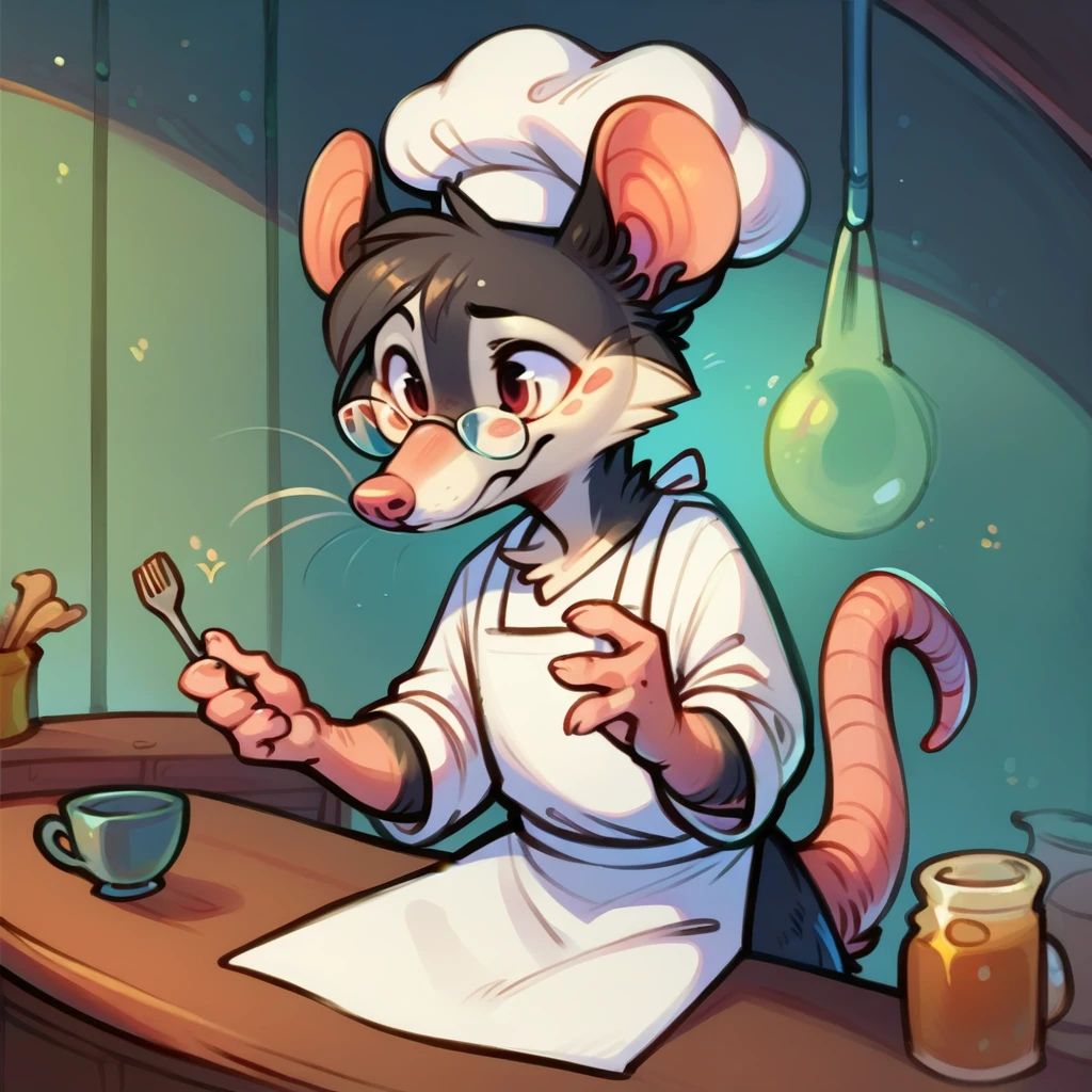 Rat chef, semi-anthropomorphic, hand on glasses, curious expression, detailed facial features, chef hat, apron, detailed clothing, complex textures, high quality, realistic, 8K, masterpiece, cinematic lighting, warm tones