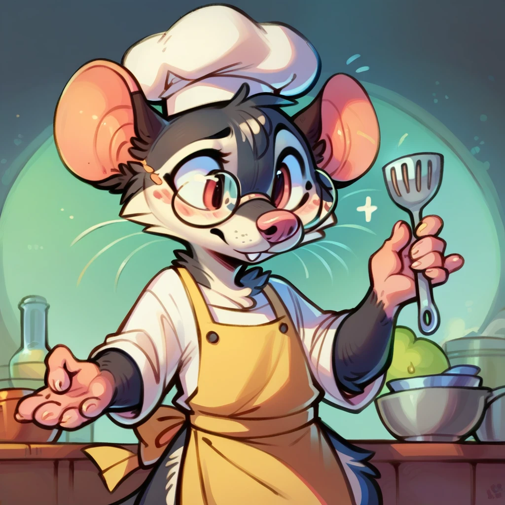 Rat chef, semi-anthropomorphic, hand on glasses, curious expression, detailed facial features, chef hat, apron, detailed clothing, complex textures, high quality, realistic, 8K, masterpiece, cinematic lighting, warm tones