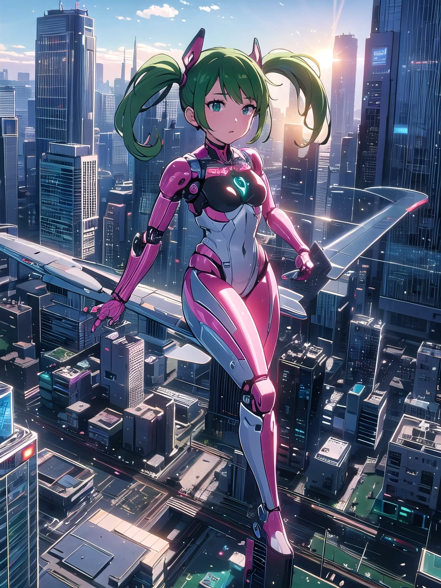 Highest quality、Future World、Cutting-edge cyborgs、Beautiful single woman、Transform into a cyborg except for your face、Sexy Images、Full body photo、(((Twin tail hair)))、(((Flying Woman)))、Anatomically correct、Green Hair、Anatomically correct fingers、In the morning sun、