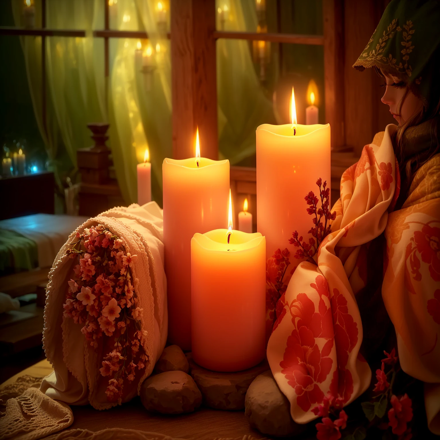 Candles and towels are sitting on a table with flowers, lit with Candles, Beautiful atmosphere, Peaceful atmosphere, Relaxed atmosphere, lit Candles, Beautiful atmosphere, glowing Candles, Night atmosphere, Romantic atmosphere, Candlelight, room full of Candles, 心地よいCandlesライト, Candles, Romantic atmosphere, Warm and beautiful scenery, relaxed mood, Candlesライト, Warm light from the lamp