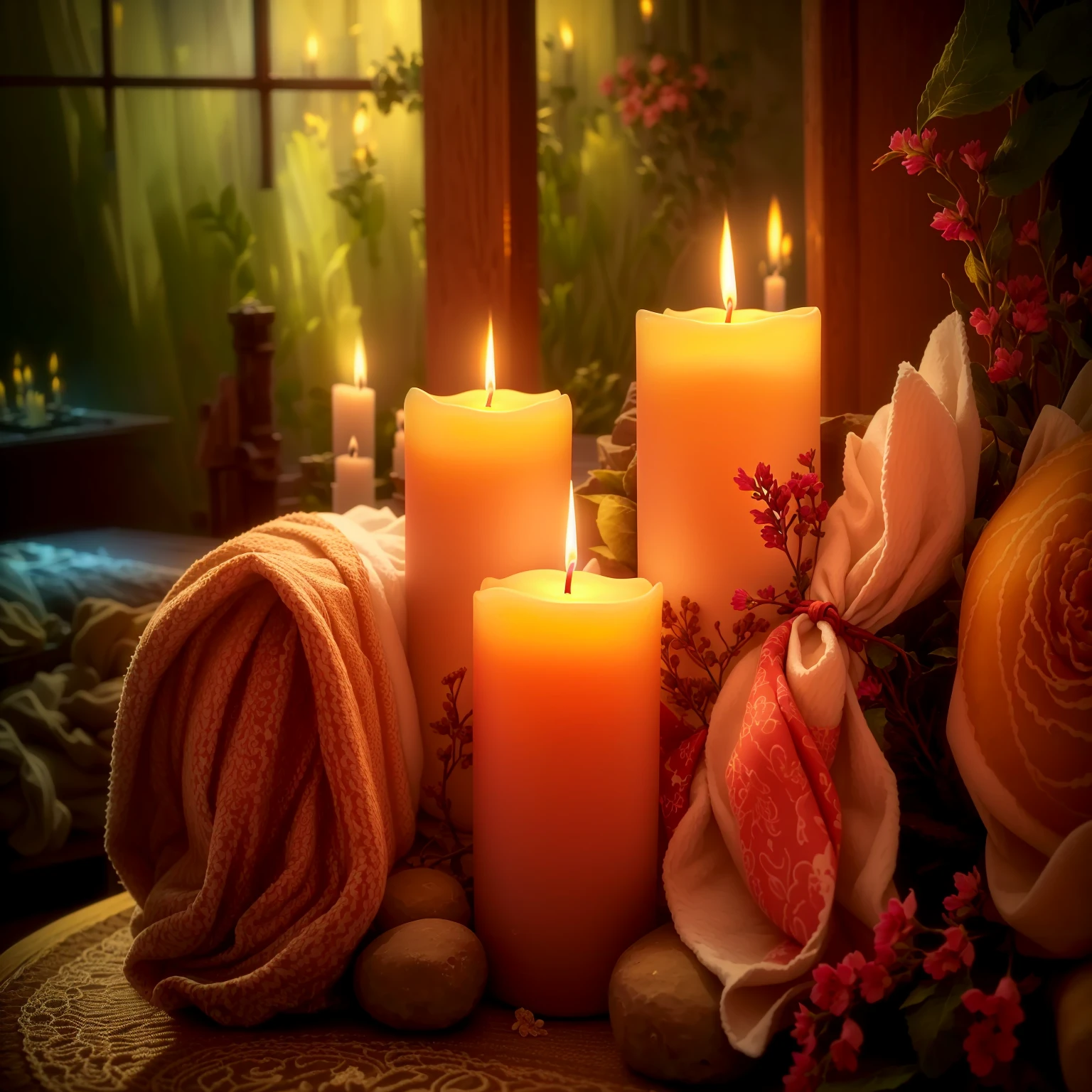 Candles and towels are sitting on a table with flowers, lit with Candles, Beautiful atmosphere, Peaceful atmosphere, Relaxed atmosphere, lit Candles, Beautiful atmosphere, glowing Candles, Night atmosphere, Romantic atmosphere, Candlelight, room full of Candles, 心地よいCandlesライト, Candles, Romantic atmosphere, Warm and beautiful scenery, relaxed mood, Candlesライト, Warm light from the lamp