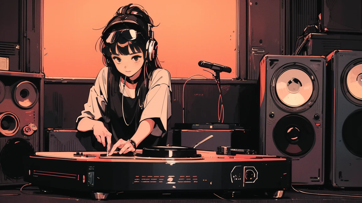 DJ girl in HIPHOP fashion wearing DJ headphones,Front view , Two large LED-illuminated speakers on each side, Immerse yourself in a neon-lit environment, In front of her is a music mixer and a turntable.、A record is placed on the turntable,ターンテーブルはTechnics SL-1200MK7,