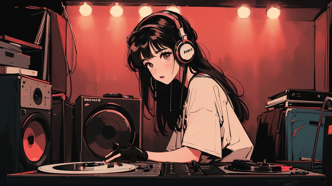 DJ girl in HIPHOP fashion wearing DJ headphones,Front view , Two large LED-illuminated speakers on each side, Immerse yourself in a neon-lit environment, In front of her is a music mixer and a turntable.、A record is placed on the turntable,ターンテーブルはTechnics SL-1200MK7,