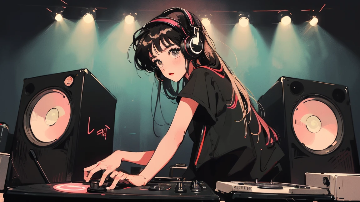 DJ girl in HIPHOP fashion wearing DJ headphones,Front view , Two large LED-illuminated speakers on each side, Immerse yourself in a neon-lit environment, In front of her is a music mixer and a turntable.、A record is placed on the turntable,ターンテーブルはTechnics SL-1200MK7,