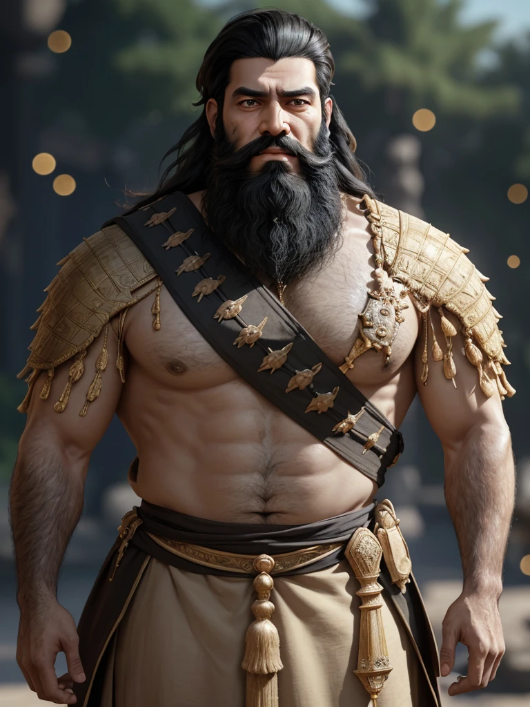 (masterpiece), (best quality),(portrait),(bust up),1boy,solo,black hair,(black beard) ,plenty of beard, (ancient man:1), ancient luxurious long clothes, animation style render, 3D , Mesopotamian king, full body, standing, (pixer style) ,(Bokeh) ,(clay) ,(sharp focus),