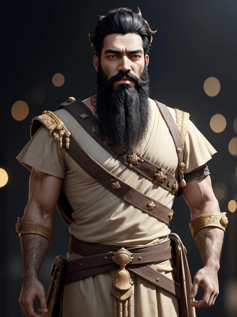 (masterpiece), (best quality),(portrait),(bust up),1boy,solo,black hair,(black beard) ,plenty of beard, (ancient man:1), ancient luxurious long clothes, animation style render, 3D , Mesopotamian king, full body, standing, (pixer style) ,(Bokeh) ,(clay) ,(sharp focus),