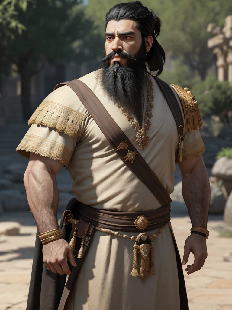 (masterpiece), (best quality),(portrait),(bust up),1boy,solo,black hair,(black beard) ,plenty of beard, (ancient man:1), ancient luxurious long clothes, animation style render, 3D , Mesopotamian king, full body, standing, (pixer style) ,(Bokeh) ,(clay) ,(sharp focus),