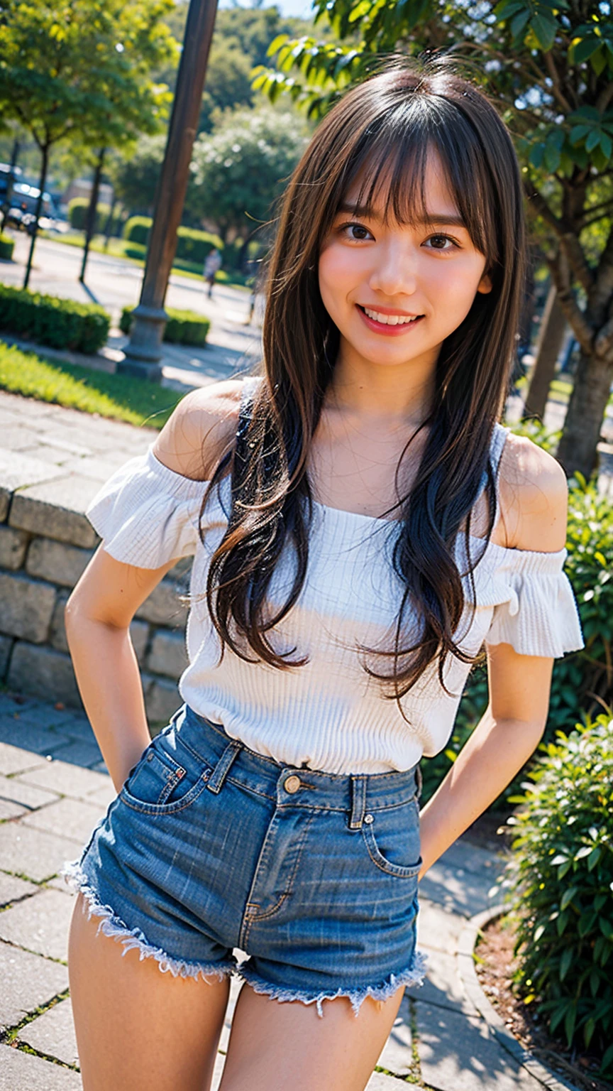 (8K、RAW Photos、Highest quality、masterpiece:1.2)、(Realistic、Realistic)、1 Girl、((Shorts、Sandals、Frills、Off the shoulder、whole body、one piece、tights、garden、View from the front、smile、Looking into the camera、Stand with hands on hips))、cute