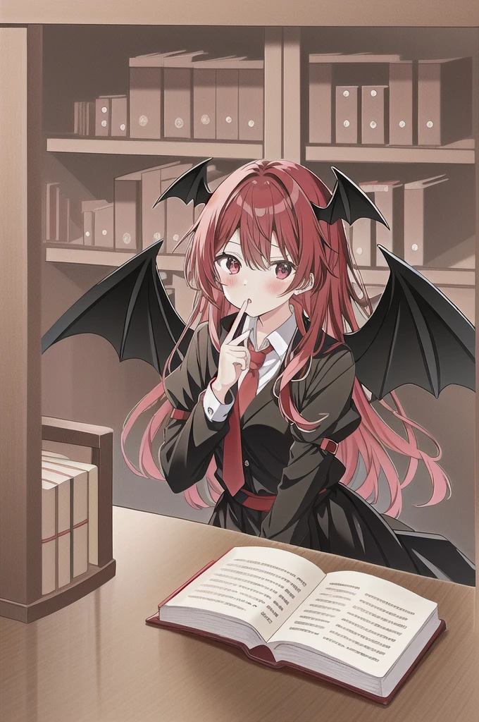 Koakuma, Alone, looking at viewer, Serious, holding book, bookshelf