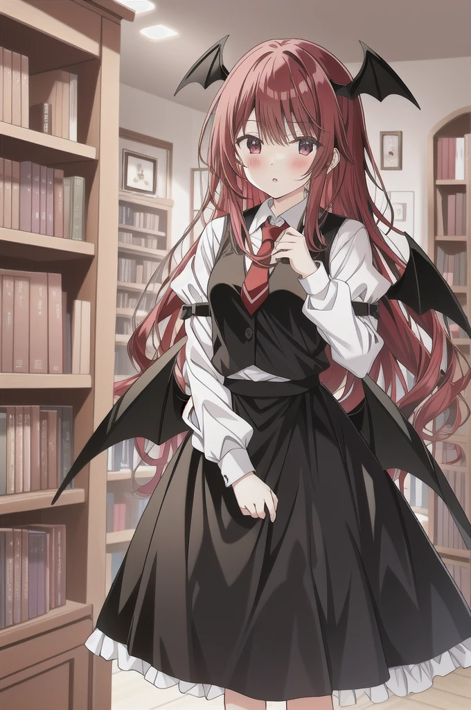 Koakuma, Alone, looking at viewer, Serious, holding book, bookshelf
 