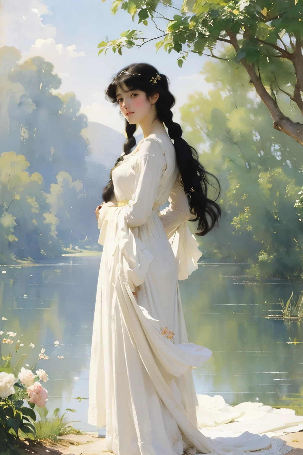 (Highest quality、masterpiece)、(Concept Art)、(icon)、((One beautiful woman))、Age 25、((alone))、((whole body))、((Standing position))、(Black-haired、Twin tails:1.2)、 White Dress、(Soft Light)、(Soft Shading)、 (pastel colour)、(sketch)、(Bright)、(Sargent-style watercolor)、(Edmund Leighton Style)、(alma tadema style)、((White Background))、((Blank Background))、