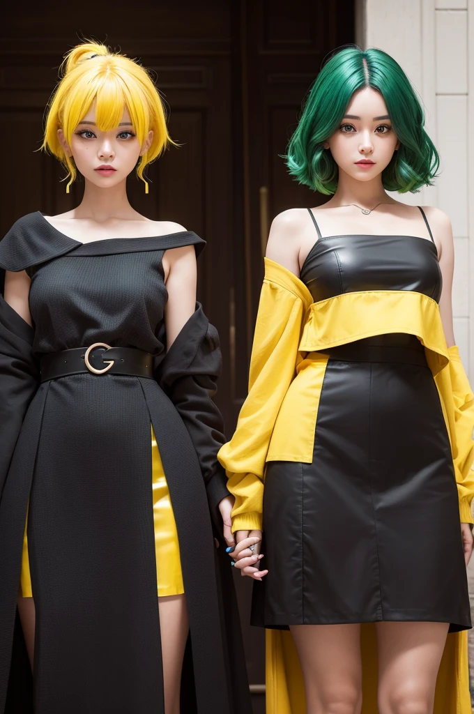 Make a woman with a black dress and brown edges and green hair with a yellow skirt and accompanied by a woman with yellow hair and also with blue hair and also with yellow hair, all ready