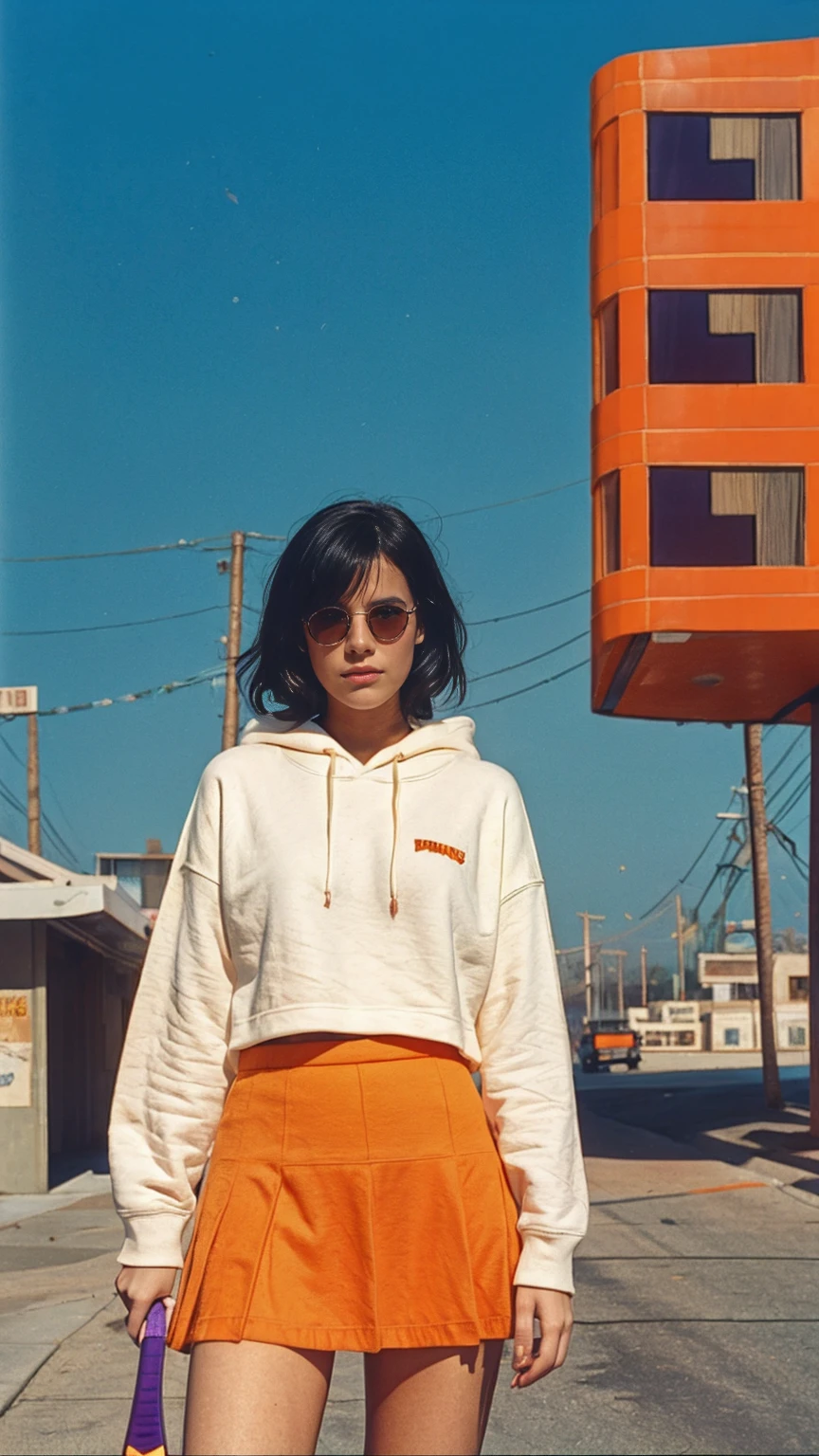 portrait of a 23 yo girl, (perfect natural breast) ,wear ((orange color oversized hoodie)), wear ((purple tennis skirt)),looking front,Best Quality,Masterpiece,Ultra High Resolution,(Realisticity:1.4),Original Photo, 1Girl, light leak,ultra high resolution,UHD,beautiful, (black bob hair), almond eye, no makeup, in front of (80's mondrian architecture motel), (realistic:1.2), (surreal:1.3), (very detailed:1.1), ((masterpiece)),summer, blue sky, palm trees,sunny, los angles vibes,film camera, 800mm lens,style of Philip Lorca diCorcia