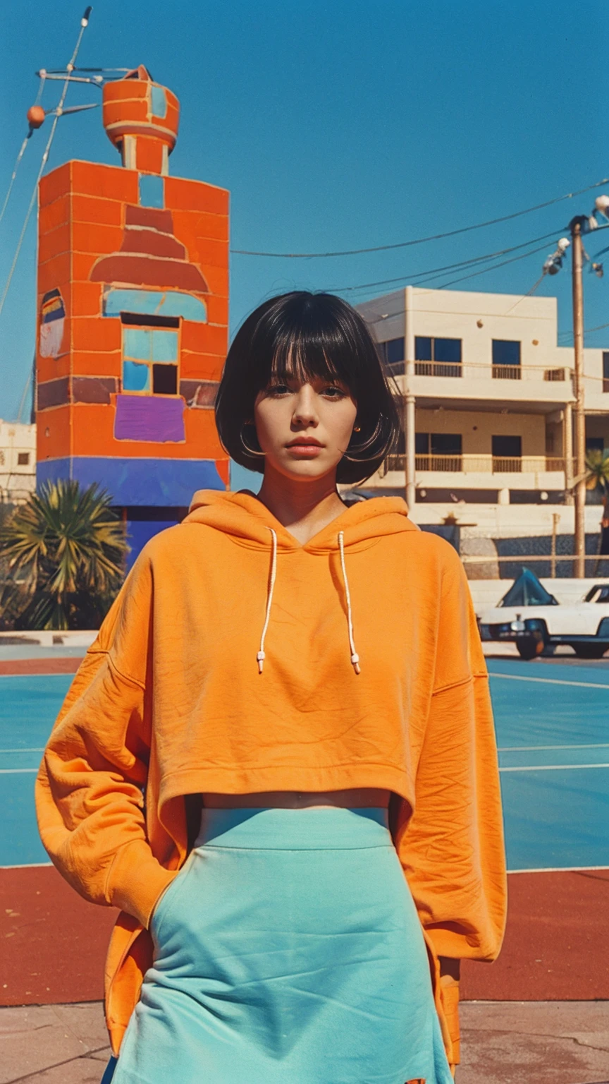 portrait of a 23 yo girl, (perfect natural breast) ,wear ((orange color oversized hoodie)), wear ((purple tennis skirt)),looking front,Best Quality,Masterpiece,Ultra High Resolution,(Realisticity:1.4),Original Photo, 1Girl, light leak,ultra high resolution,UHD,beautiful, (black bob hair), almond eye, no makeup, in front of (80's mondrian architecture motel), (realistic:1.2), (surreal:1.3), (very detailed:1.1), ((masterpiece)),summer, blue sky, palm trees,sunny, los angles vibes,film camera, 800mm lens,style of Philip Lorca diCorcia