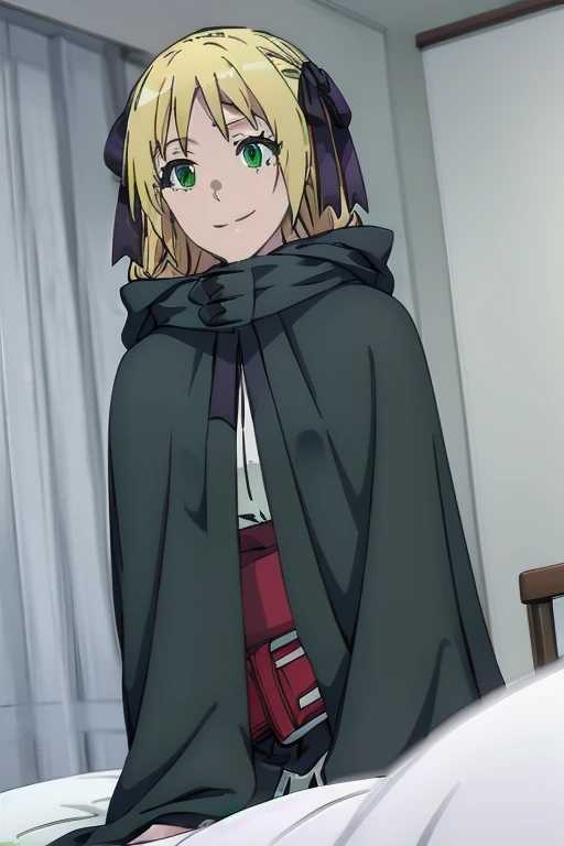 Solo, 1girl, esther rosenthal, smile, long hair, blonde hair, (green eyes:1.5), mole, mole under eye, black ribbon, black bow, hair ribbon, skirt, hooded black cloak, cape, best quality, room, bed, Dutch angle