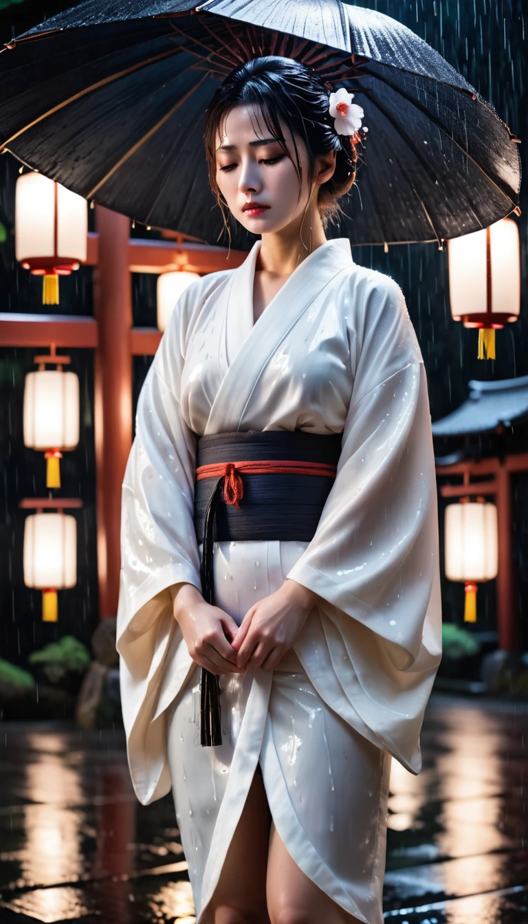 Woman Wet in the Rain, A sad, despairing face, Wearing a plain white kimono, Dark Japanese shrine at night, Realistic, Breathtakingly high-quality photos,