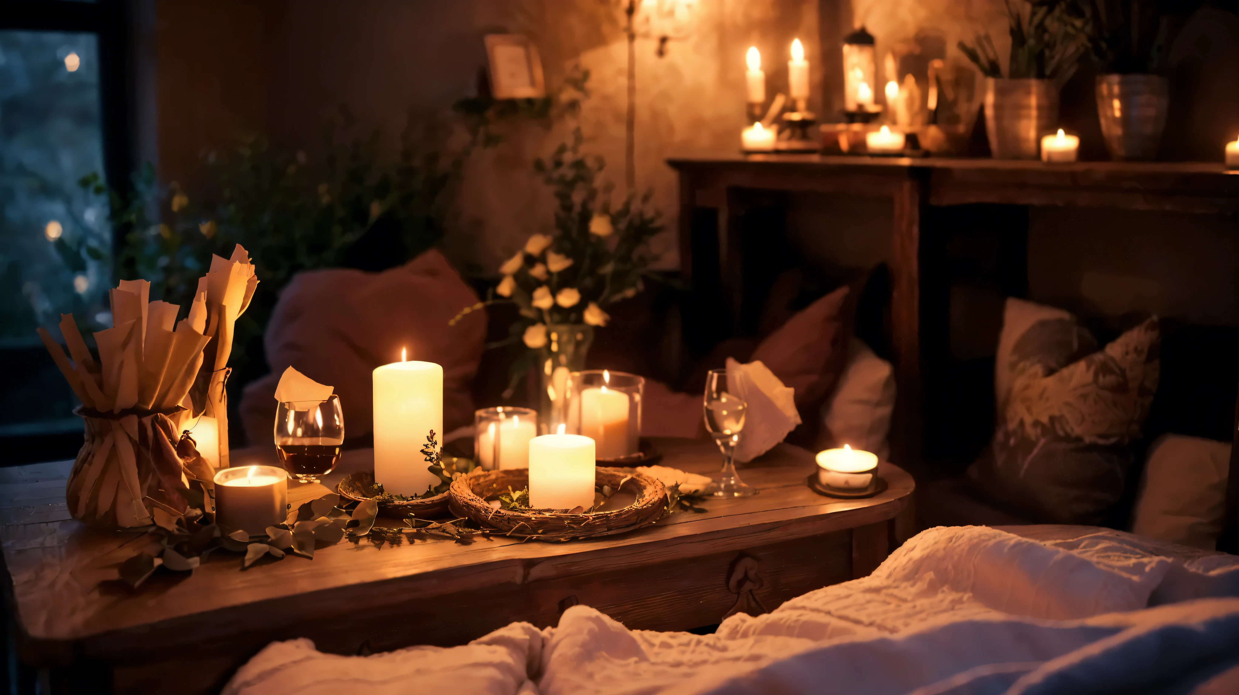 Watches and other items々A candle is lit on the table on which, Cozy candlelight, Cozy atmosphere, Cozy atmosphere, A pleasant and enchanting scene, Cozy atmosphere, Cozy atmosphere, Cozy and quiet atmosphere, Romantic atmosphere, Cozy atmosphere, Night atmosphere, Beautiful atmosphere, room full of candles, Candlelit, Romantic atmosphere, Cozy place, Beautiful atmosphere