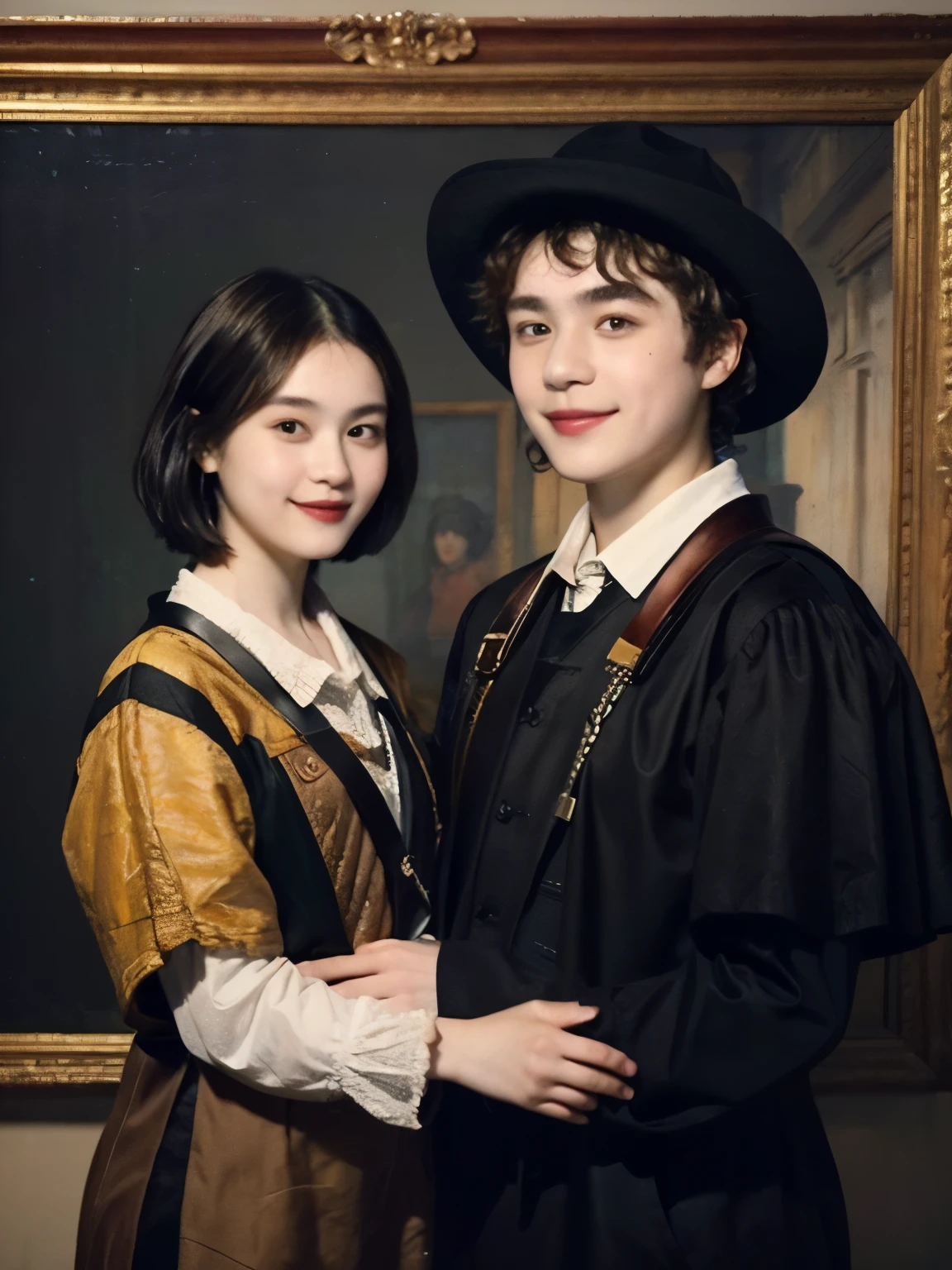 252 (An 18-year-old female and an 18-year-old male), (short hair),kind, lipstick, (Rembrandt-style painting), smile