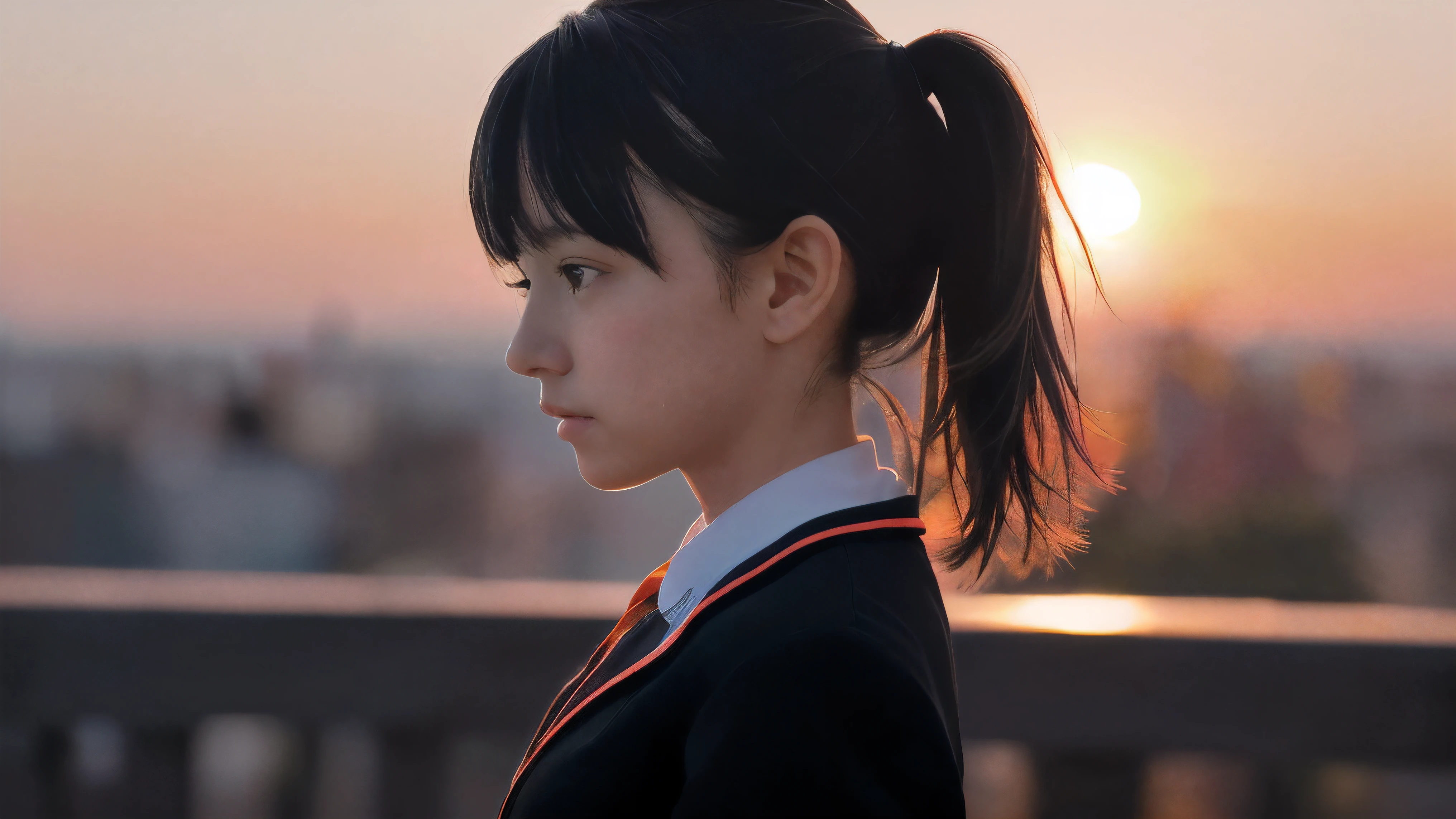 (Close up profile shot of one slender small breasts two side up black medium hair bangs girl with crying face in long sleeves black school uniform:1.5)、(One girl is looking at sunset red sky with her face is reflected sunset light and her hair is blowing in long sleeves black school uniform:1.5)、(Beautiful red sunset sky at skyscraper city landscape:1.5)、(8k ultra detailed master piece:1.5)、(Natural lighting:1.5)、(perfect anatomy:1.5)、(Photorealistic stick:1.5)、(Raw photo:1.3)、(highest quality:1.5)、(High resolution:1.3)、(Delicate and beautiful perfect face:1.3)、(Delicate and beautiful eye air skin:1.3)、(Real Human Skin:1.3)、((thin legs))