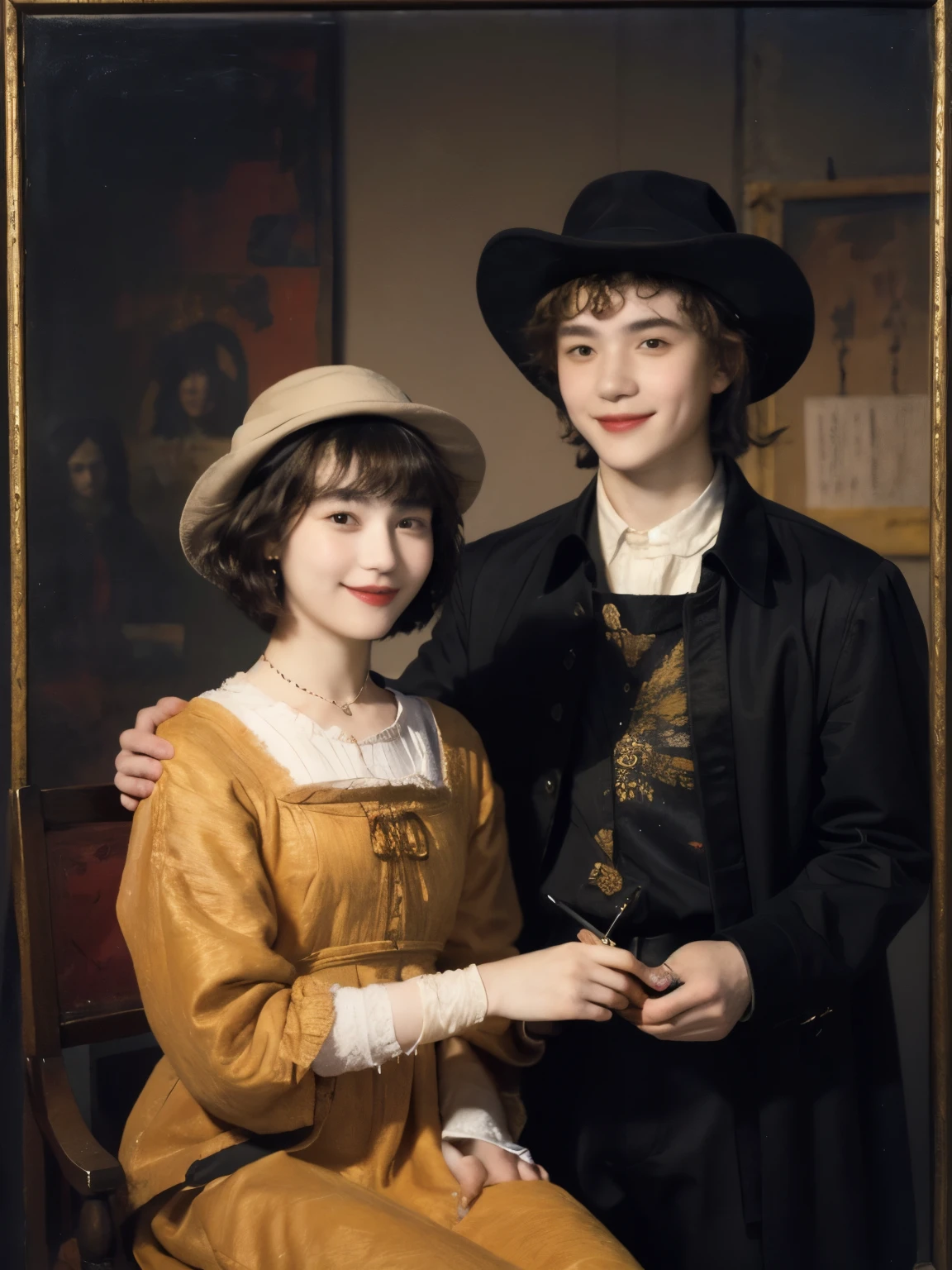 252 (An 18-year-old female and an 18-year-old male), (short hair),kind, lipstick, (Rembrandt-style painting), smile
