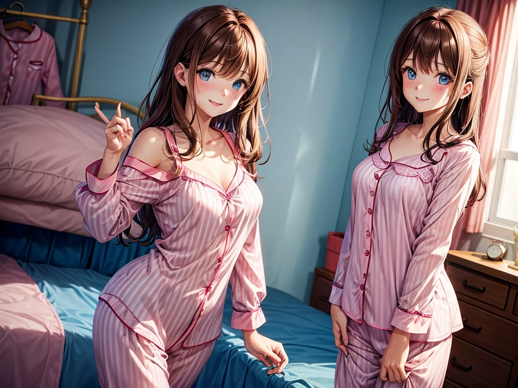 one cute woman, brown hair, blue eyes, (pink pajamas girly), transparent pajamas, in a girl's room, the pajamas are unbuttoned, she smiles, open shoulders, she has little tits, and nice hips, sexy pose, open breasts