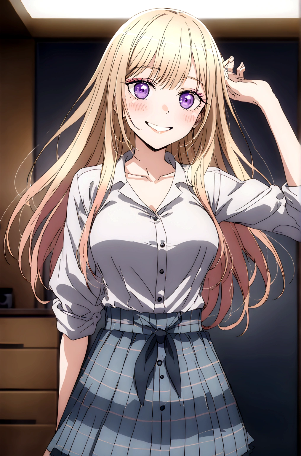 Create an image of a young woman with long, flowing blonde hair and captivating purple eyes. She is smiling warmly and has a light blush on her cheeks. She wears a white, button-up shirt tied at the waist, with the sleeves rolled up, and a black tie loosely draped around her neck. Her outfit includes a blue and pink plaid skirt, pleated and short, giving a casual yet stylish appearance. The setting is indoors, with soft lighting enhancing her features, and a slightly blurred background to keep the focus on her. She stands confidently, exuding a friendly and approachable demeanor.
