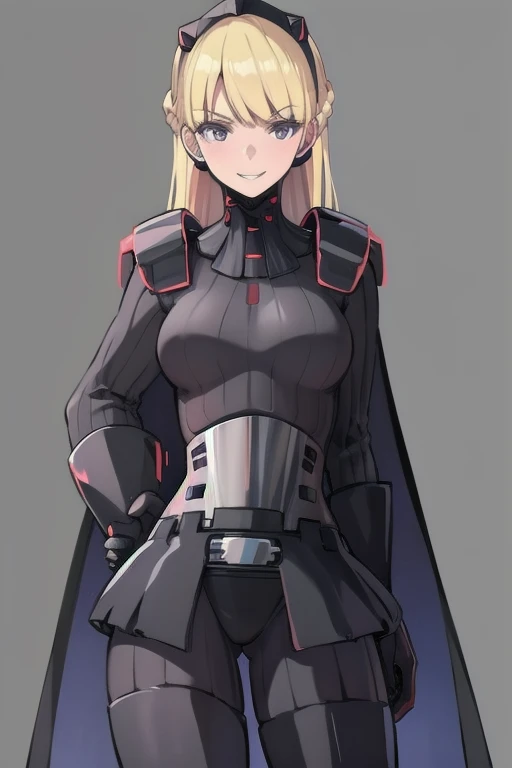 Solo, 1girl, shoulders pad, gloves, black. bodysuit, cape, blonde hair, room, smile 