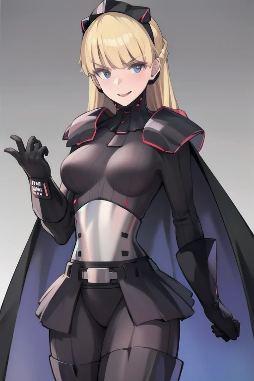 Solo, 1girl, shoulders pad, gloves, black. bodysuit, cape, blonde hair, room, smile 