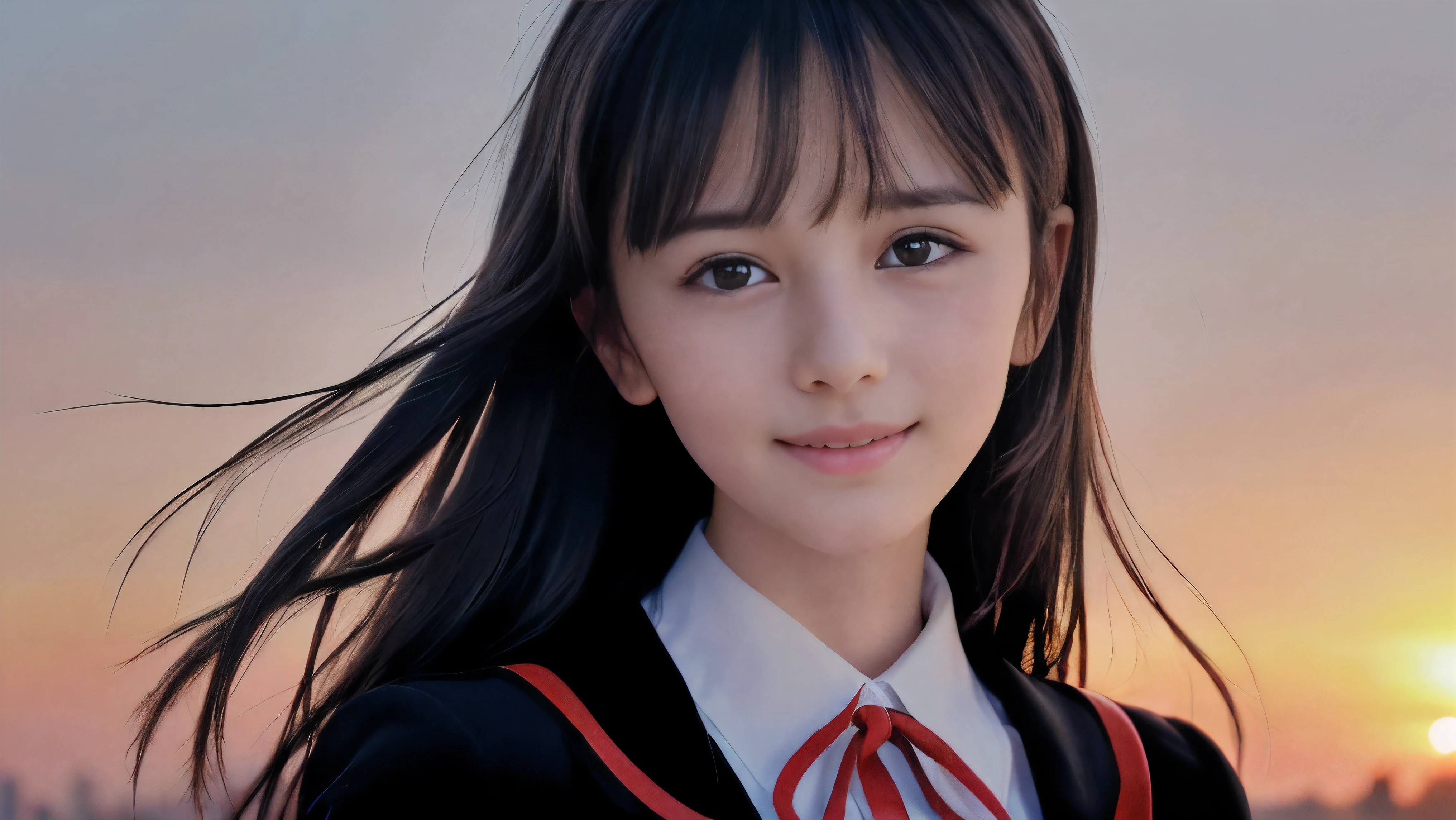 (Close up face shot of one slender small breasts two side up black medium hair bangs girl with crying little smile face in long sleeves black school uniform:1.5)、(One girl is turn around at sunset red sky with her face is reflected sunset light and her hair is blowing in long sleeves black school uniform:1.5)、(Beautiful red sunset sky at skyscraper city landscape:1.5)、(Natural lighting:1.5)、(8k ultra detailed master piece:1.5)、(perfect ???????:1.5)、(Photorealistic stick:1.5)、(Raw photo:1.3)、(highest quality:1.5)、(High resolution:1.3)、(Delicate and beautiful perfect face:1.3)、(Delicate and beautiful eye air skin:1.3)、(Real Human Skin:1.3)、((thin legs))