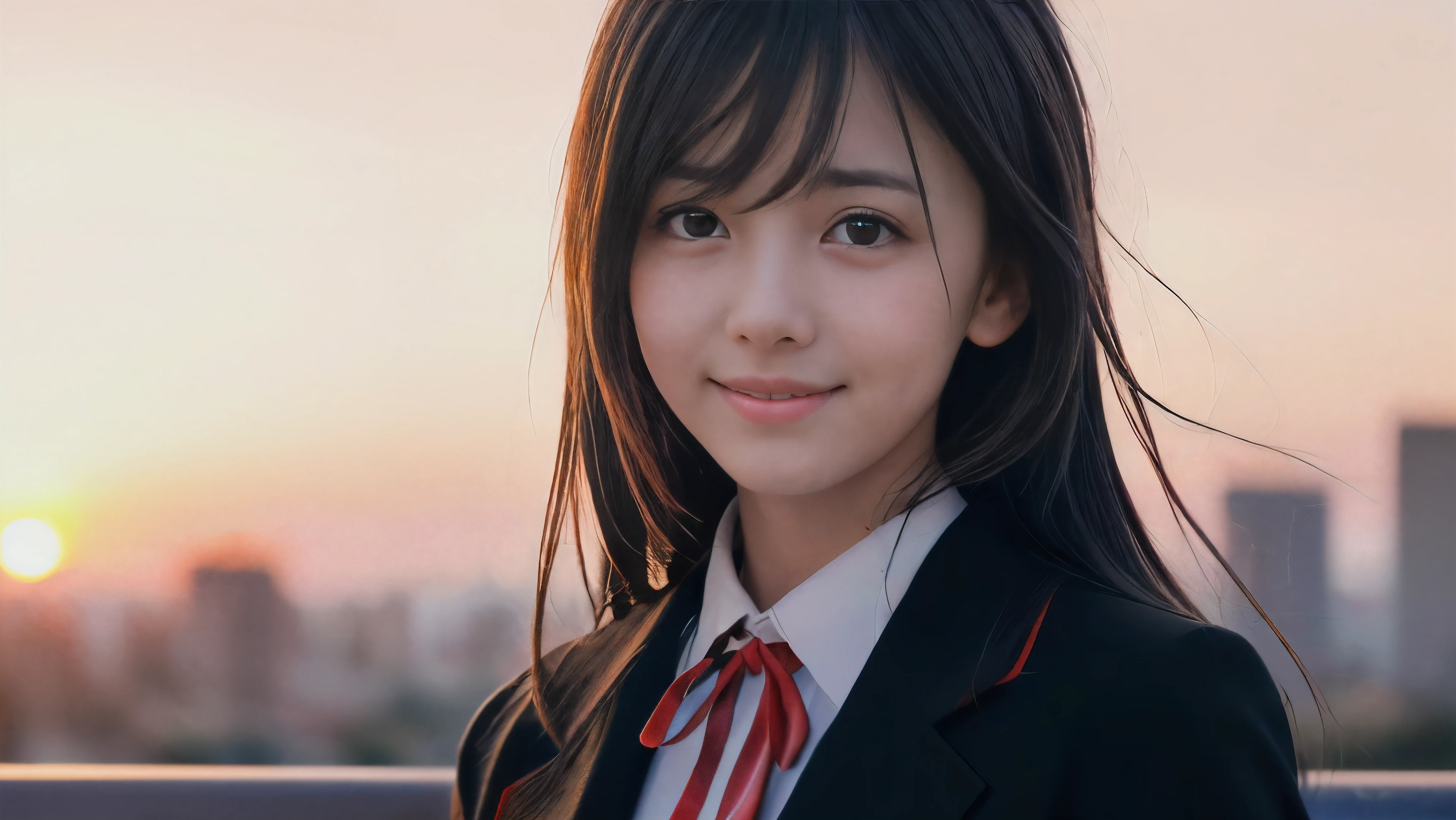 (Close up face shot of one slender small breasts two side up black medium hair bangs girl with crying little smile face in long sleeves black school uniform:1.5)、(One girl is facedown at sunset red sky with her face is reflected sunset light and her hair is blowing in long sleeves black school uniform:1.5)、(Beautiful red sunset sky at skyscraper city landscape:1.5)、(8k ultra detailed master piece:1.5)、(Natural lighting:1.5)、(perfect anatomy:1.5)、(Photorealistic stick:1.5)、(Raw photo:1.3)、(highest quality:1.5)、(High resolution:1.3)、(Delicate and beautiful perfect face:1.3)、(Delicate and beautiful eye air skin:1.3)、(Real Human Skin:1.3)、((thin legs))