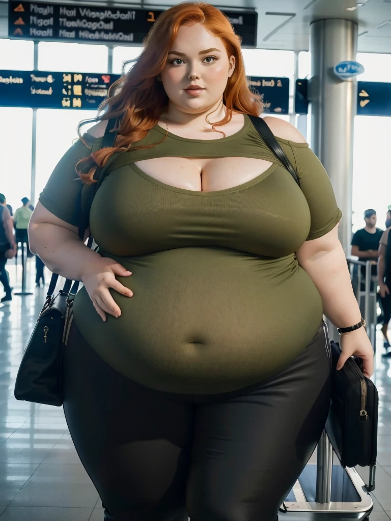 A plane passenger detailed photo of a Beautiful ginger SSBBW, with long wavy ginger hair, with big soft fat belly, thicc fat arms, thicc wide legs, big breast, in a cute green top tucked in her pants, and black pants, in an airport waiting for the plane, with only one big shoulder bag on her shoulder