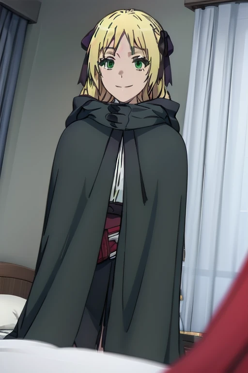 Solo, 1girl, esther rosenthal, smile, long hair, blonde hair, (green eyes:1.5), mole, mole under eye, black ribbon, black bow, hair ribbon, skirt, hooded black cloak, cape, best quality, room, bed, Dutch angle 