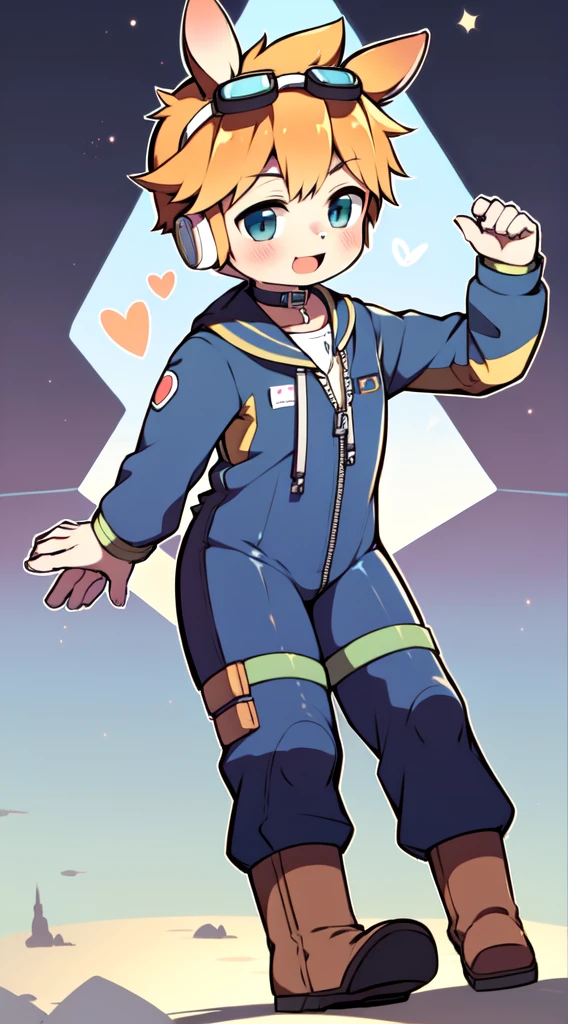 2D Shonen Shota，One-piece mountaineering suit，Slim, healthy body，Put the headphones on your head，stand up，goggles，Rabbit ears，Happy，Sailor collar，tie，Zipper down，boots，charming