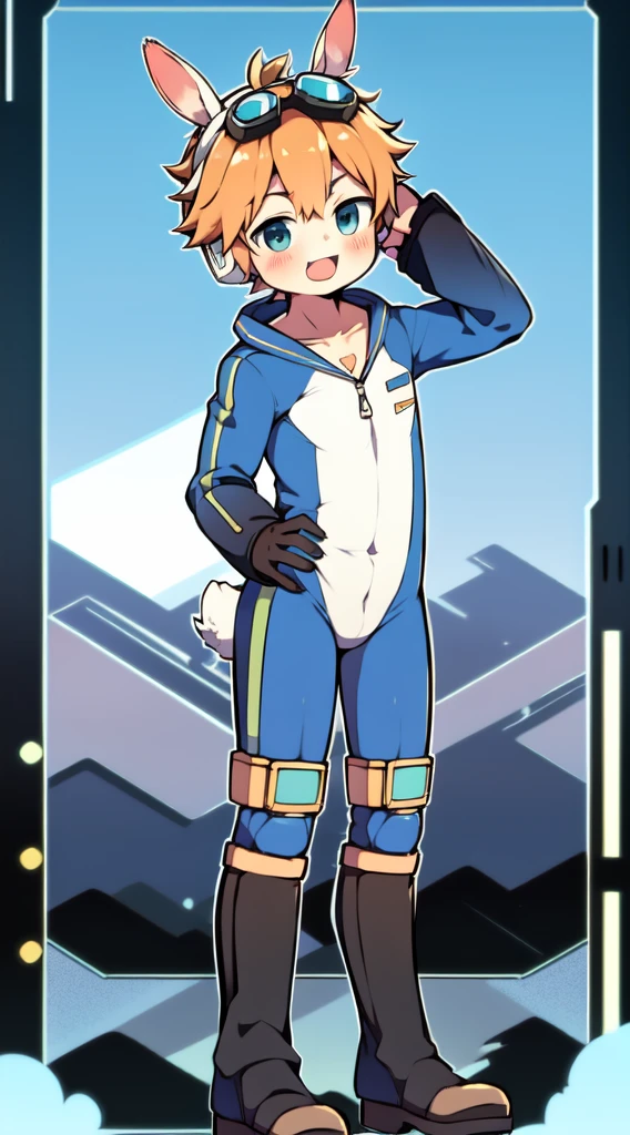 2D Shonen Shota,One-piece mountaineering suit,Slim, healthy body,Put the headphones on your head,stand up,goggles,Rabbit ears,Happy,Sailor collar,tie,Zipper down,boots,charming