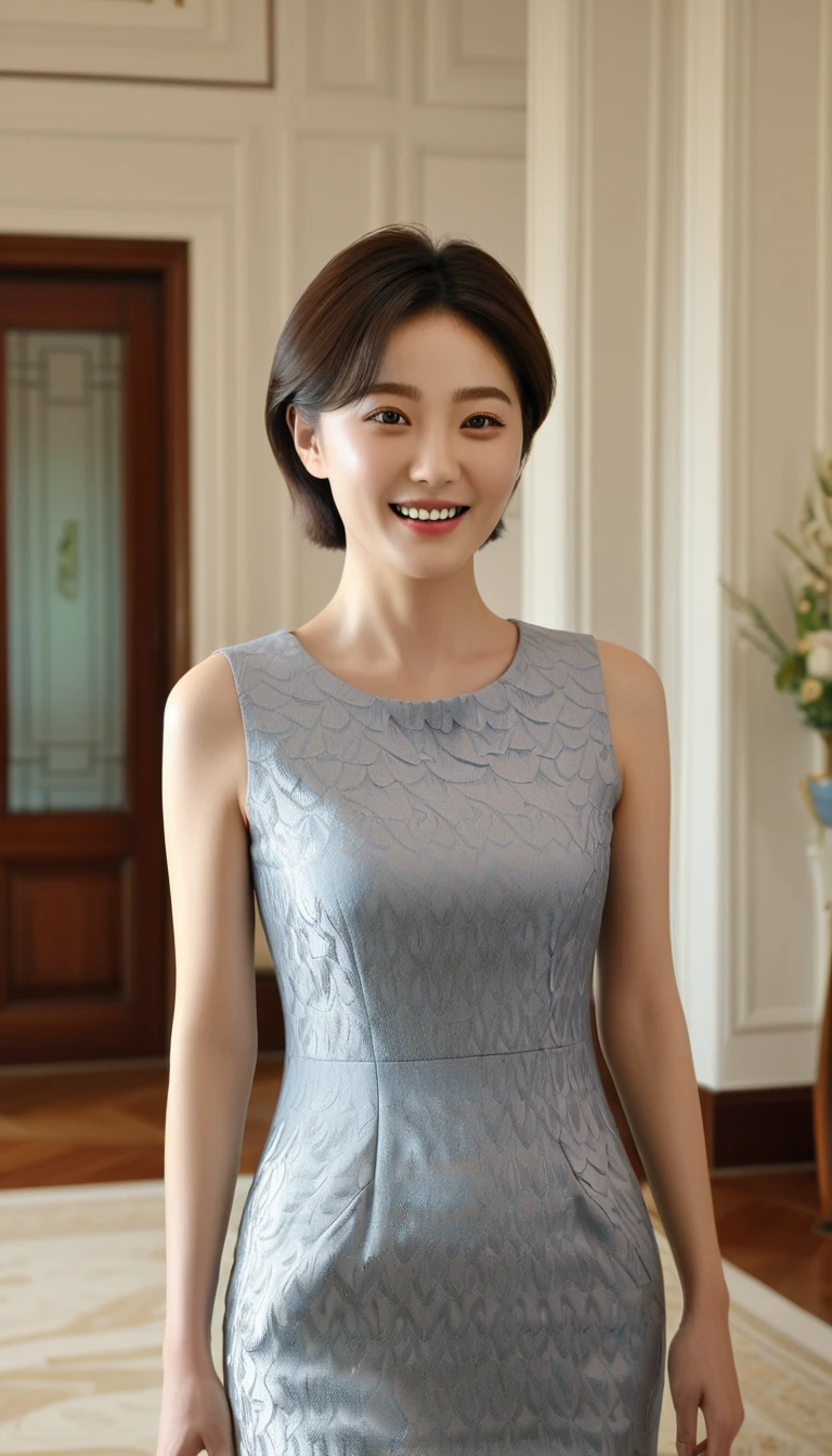 1 woman, (Wearing a sleeveless high-quality brand dress with good texture:1.6),(raw photo, best quality), (realistic, photo-realistic:1.4), masterpiece, Very delicate and beautiful Korean woman, very detailed, 2k wallpaper, amazing, in detail, very detailed CG unity 8k wallpaper, very detailed, mackerel, soft light, Beautiful and detailed 36 year old Korean woman, very detailed eyes and face, beautiful and delicate nose, beautiful detailed eyes,cinematic lighting,(In the living room of a luxury mansion:1.6),complete anatomy,slim body,(laugh:1.4),(young girl:1.4) ,(look at the viewer:1.4),(front view:2.0),cinematic angle, Inspired by Yoo Ji-in,standing,(split:0.8), Short hair